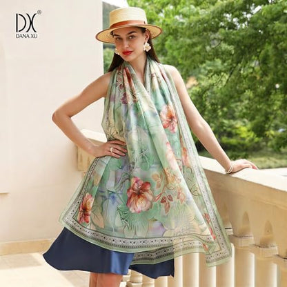 100% Mulberry Extra Large Silk Pashmina Scarf Shawls And Wraps For Women Evening Dress Summer Travel Floral Blanket - color: Light Green Floral