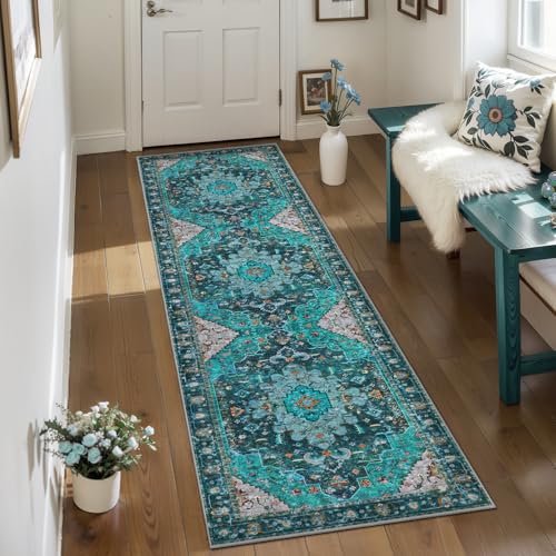 Ciicool 2x7ft Entryway Runner Rug, Washable Rug Non Slip Low Pile Pet Friendly Indoor Floor Long Carpet Hallway for Bathroom Kitchen Living Room Bedside - color: Teal/Multi, size: 2' x 7' (Runner)