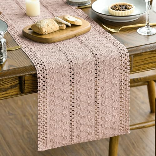 Artoid Mode Pink Farmhouse Woven Rustic Hollow Table Runner, Seasonal Holiday Kitchen Dining Table Decoration for Home Party Decor 12x36 Inch - color: Pink, size: 12" x 36", Table Runner