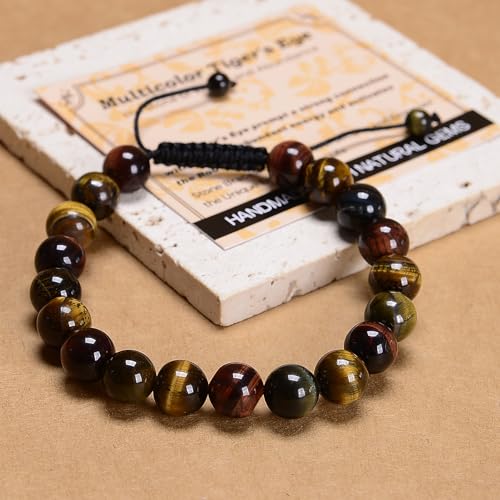 MASSIVE BEADS Handmade Yoga Natural Stone Crystal Healing Power Energy Gifts for Unisex Adult Bracelet Macrame Adjustable - color: 3-Tiger's Eye (Vitality and Abundance), size: 10mm