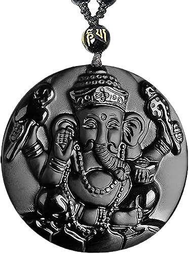 Natural black obsidian rainbow obisidan ice obsidian Maitreya launghing buddha necklace Amulet pendant bead chain - color: Ganesha elephant 2