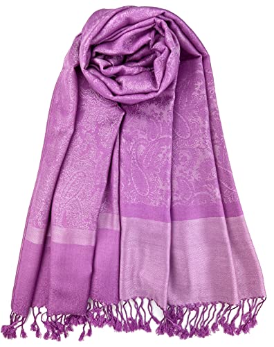 Plum Feathers Two Tone Vintage Paisley Pattern Pashmina Scarf - color: Light Purple Paisley