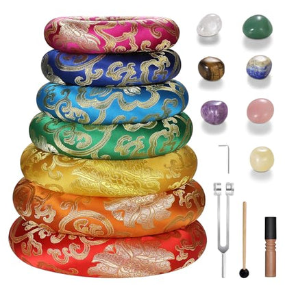 18 Pcs Singing Bowl Cushion Set for 6-12" Tibetan Singing Bowls, 7 Rainbow Silk Round Cushion, WoodMallet,128Hz Tuning Fork Kit, 7 Chakra Stones - for Meditation Sound Healing and Crystal Sound Bowls