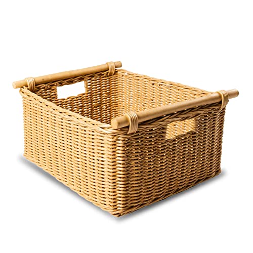 The Basket Lady Pole Handle Wicker Storage Basket, Large, 18 in L x 14.5 in W x 9 in H, Sandstone