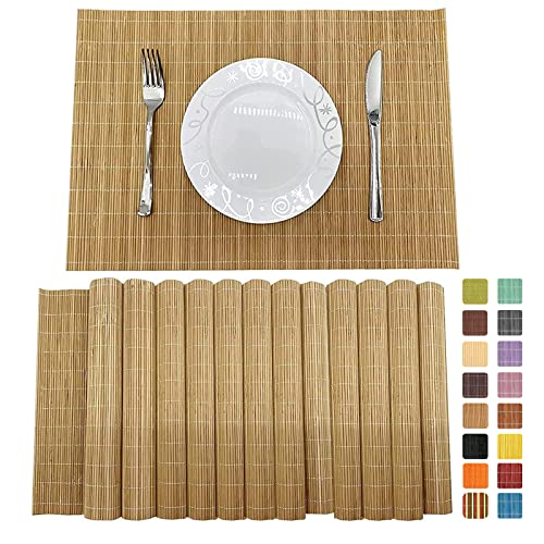 Bamboo Placemats Set of 6 Non-Slip - 12x18 Inch Waterproof Table Mats for Dining, Eco-Friendly Reusable Dishwasher Safe Kitchen Decor, Thick Heat Resistant Home Accessories (Brown) - color: Brown, size: Set of 12