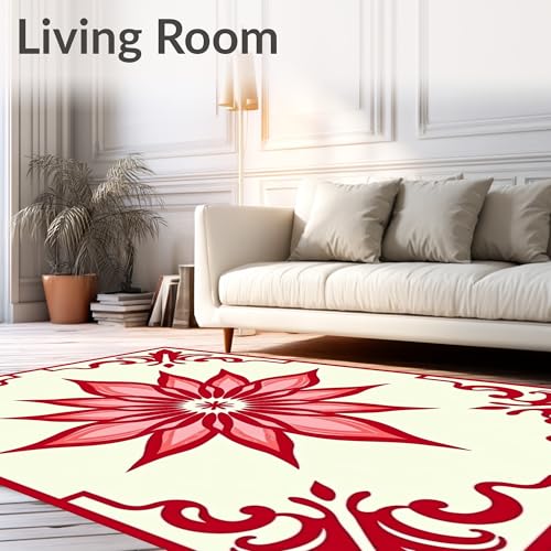 Flatwoven High Traffic Area Rug 5x7, Enchanted Lotus Blossom Meditation Yoga Healing Energy Throw, Non Slip, Stain Resistant, Washable Area Rugs for Living Room, Bedroom (Red, 5x7, Pad)