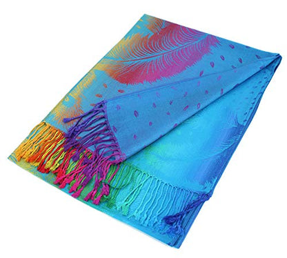 PASKMLNA Double Side Multi Colors Silky Tropical Colorful Exotic Pashmina Wrap Shawl Scarf Rave - color: 050-turquoise Blue Multi Feathers