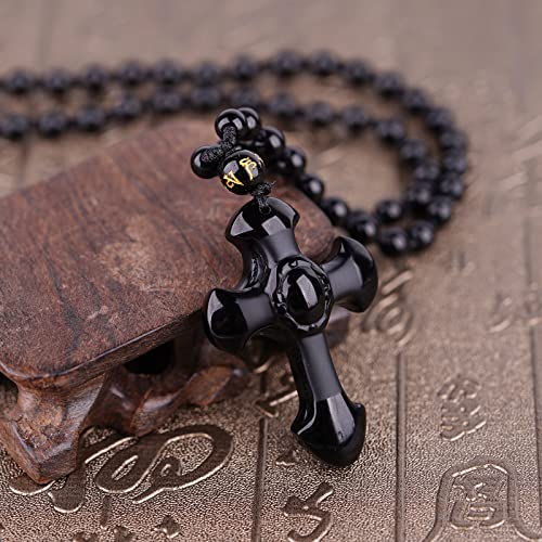 Black Obsidian Necklace Natural Crystal Amulet Protection Pendant with Adjustable Rope Lucky Talisman Necklaces Jewelry Gift for Men Women - color: Cross