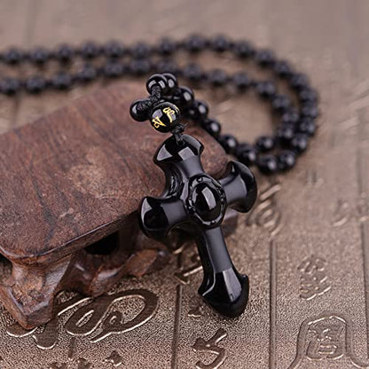 Black Obsidian Necklace Natural Crystal Amulet Protection Pendant with Adjustable Rope Lucky Talisman Necklaces Jewelry Gift for Men Women - color: Cross