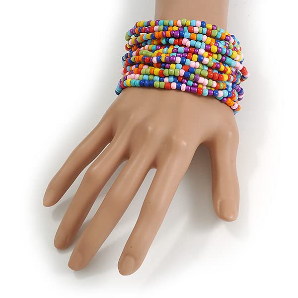 Avalaya Multicoloured Glass Bead Multistrand Flex Bracelet With Wooden Closure - 18cm L