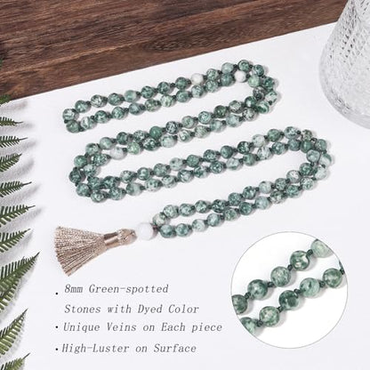 8MM Beads Chakra Long Mala Necklace Natural Stone Meditation Statement Necklace Japa Yoga Buddhist Rosary Prayer Charm Beaded Tassel Necklace - color: Green-spotted stone