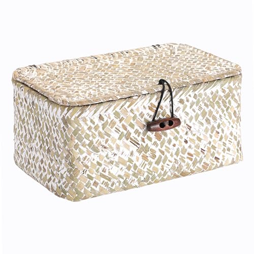 Handwoven Seagrass Basket Wicker Shelf Basket with Lid Rectangular Multipurpose Desktop Organizer Bin for Key Remote Control,Whitewash,7.0"x 4.3" x 3.3" - color: Whitewash color, size: 7.0"L x 4.3"W x 3.3"H