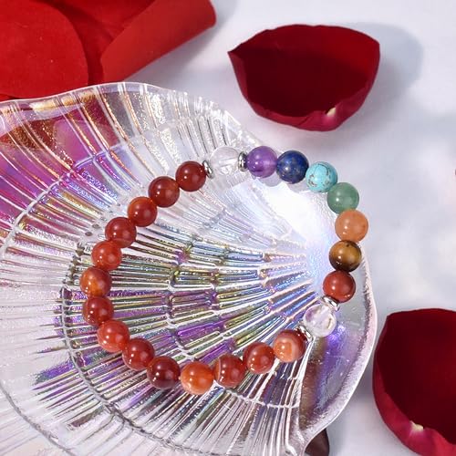 Strong Healing Crystal Bracelet 8MM Genuine Stone Bracelet Lucky Beaded Bracelet Chakra Bracelet 6.5 inch Positive Energy Inspirational Gifts for Women Mom - style: 7 Chakra-Red Agate