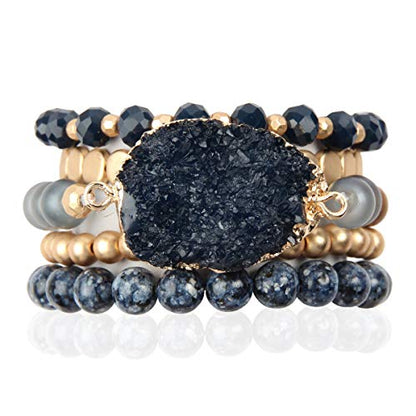 RIAH FASHION Bohemian Acrylic Druzy Multi-Layer Bead Statement Bracelet - Versatile Faux Stone Pendant Stretch Strand Stackable Cuff Bangle Set Sparkly Crystal - color: Acrylic Druzy & Natural Stone Bead Navy