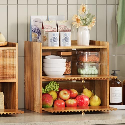 Trironsun Acacia Bread Box for Kitchen Countertop Wood Bread Storage Container Bin Double Layer BreadBox Farmhouse Large Capacity Food Organizer (Acacia Wood) - color: Acacia Wood