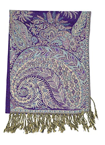 Achillea Reversible Paisley Pashmina Rave Scarf – Exotic Indian Shawls and Wraps for Evening Dresses, Festivals, All Seasons - color: Big Paisley Purple
