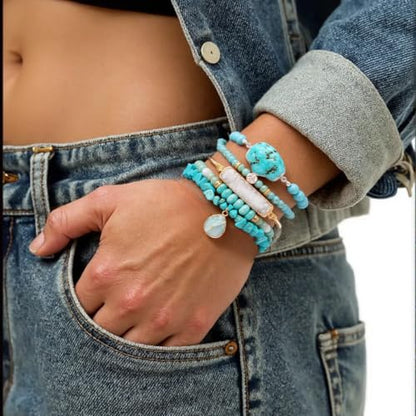 5PCS Natural Boho Beaded Bracelets Bangle for Women Men,Healing Turquoise Jasper Agate Crystal Gemstone Stone Chakra Multilayer Wrap Bohemian Handmade Jewelry Beads Stretch Bracelet Set - color: Blue