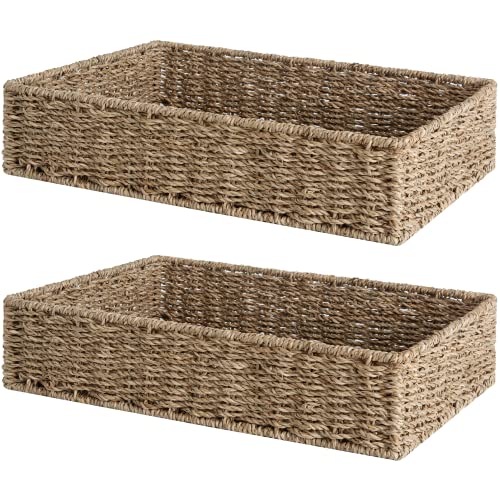 StorageWorks Large Seagrass Tray for Bathroom, Seagrass Storage Baskets for Shelves, Handwoven Natural Wicker Baskets for Organizing, 2-Pack