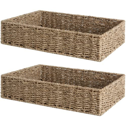 StorageWorks Large Seagrass Tray for Bathroom, Seagrass Storage Baskets for Shelves, Handwoven Natural Wicker Baskets for Organizing, 2-Pack
