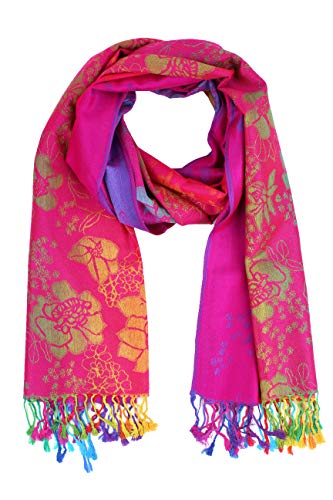 PASKMLNA Double Side Multi Colors Silky Tropical Colorful Exotic Pashmina Wrap Shawl Scarf Rave - color: 051-hotpink Multi Feathers