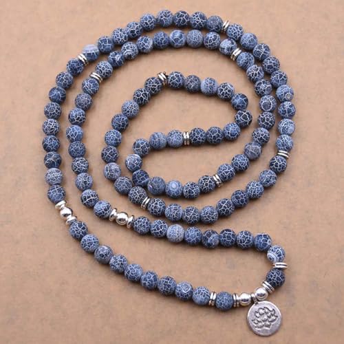 108 Mala Beads Bracelet Necklace - Gemstone Prayer Beads with Lotus Charm for Meditation & Yoga - style: Blue Crackle Agate