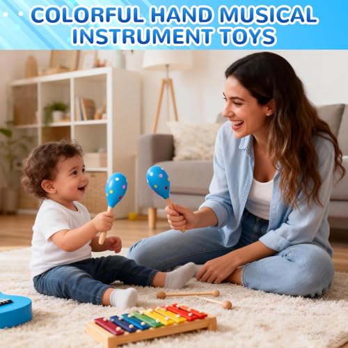 2 Pcs Maracas, 9 Inch Hand Percussion Rattles, Wooden Rumba Shaker Hand Musical Instruments with Clear Rhythm for Music Leraning (Blue-9 Inch) - color: Blue-9 Inch