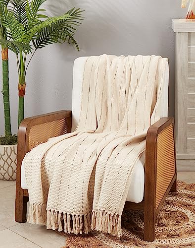 SARO LIFESTYLE Rustic Stripe Throw Blanket with Fringe, Natural, 50"x60"