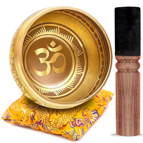Tibetan Singing Bowl Set – Bronze Master Grade with Pure Tone & Thangka Art – Handmade in Nepal by Himalayan Bazaar (Gold & Yellow) - color: Gold - Yellow