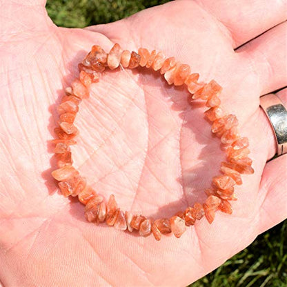 Zenergy Gems Charged Premium Natural Crystal Chip Bead Bracelet + Moroccan Selenite Charging Crystal [Included] - color: Beautiful Sunstone