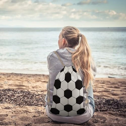 Soccer Ball White And Black Portable Canvas Drawstring Backpack with Drawstring Pockets 35x50cm - color: Soccer Ball White and Black, size: 35x50cm