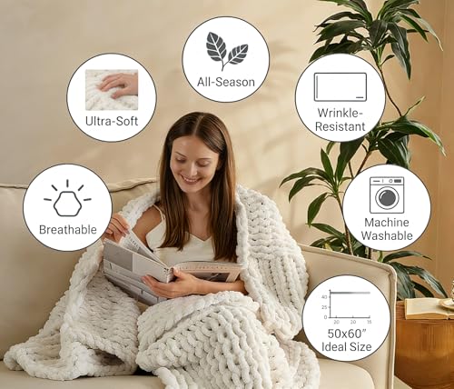Chunky Knit Blanket Throw 50x60 Inches,Handmade Cable Knit Crochet Blanket,Cozy Lightweight All Season,Wrinkle-Resistant Polyester for Couch Bed Sofa Reading Nook, Beige - color: Beige