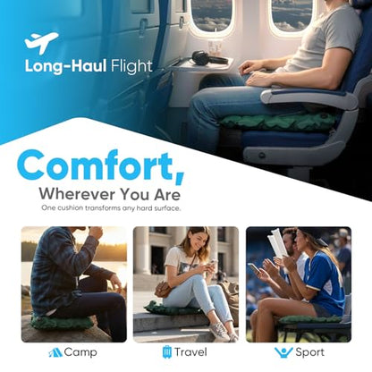 Sekey Inflatable Seat Cushion with Press Valve -2in Thick Airplane Seat Cushion, Ultra Portable & Lightweight, for Long Flights, Stadium, Camping, Office, Car Travel-Forest Green