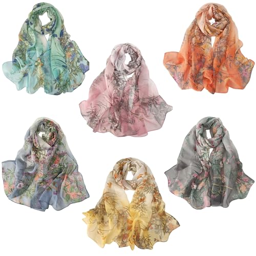 amokk 6 Packs Summer Scarf for Women Lightweight Floral Head Scarf Chiffon Shawl Warp