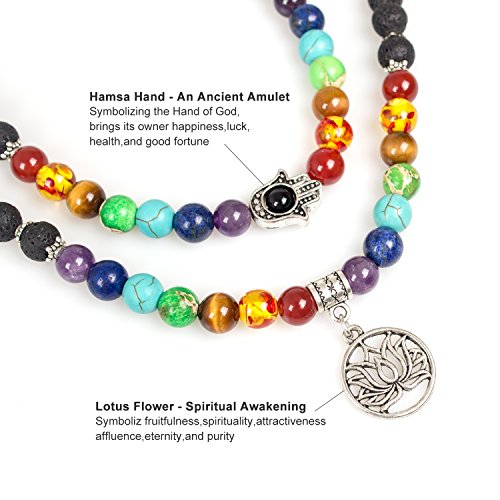 108 Mala Beads Necklace 7 Chakra Tree of Life Pendant Prayer Buddha Bracelets Healing Stone Yoga Men Women Jewelry - color: Natural lava beads