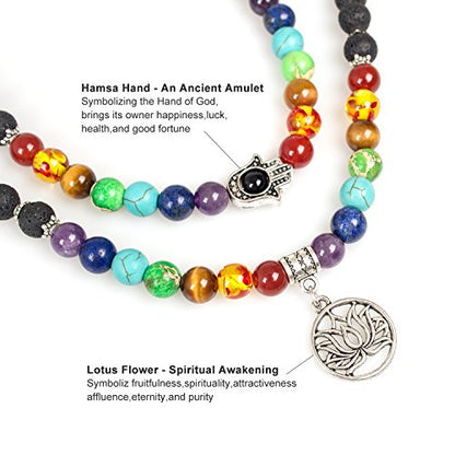 108 Mala Beads Necklace 7 Chakra Tree of Life Pendant Prayer Buddha Bracelets Healing Stone Yoga Men Women Jewelry - color: Natural lava beads