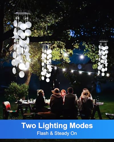 Solar Wind Chimes Decorative Lights for Outside, Shells Gifts for Mom Grandma Women Wife Girls, Hanging Solar Light for Holiday Garden Yard Window (White) - size: White