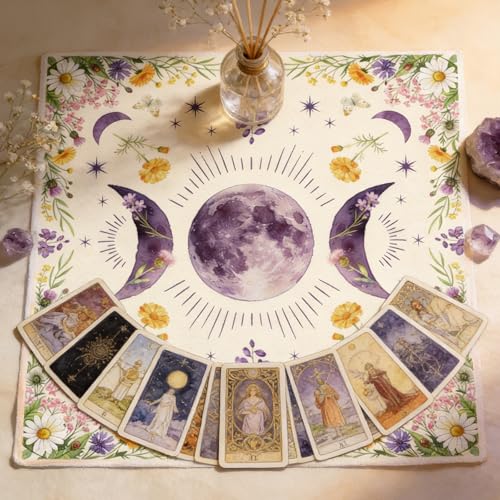 Tarot Altar Cloth Moon Phases and Wildflowers Print Card Table Tablecloth Plants Tablecloth with Tarot Bag for Reading Rituals Crystals Spiritual Divination Witchcraft Supplies - color: Moon Phases and Wildflowers