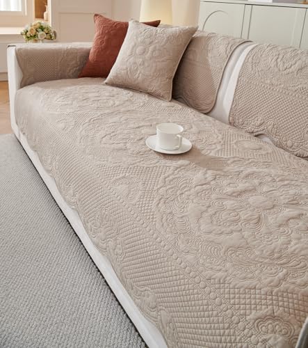 vctops Boho Cotton Quilted Couch Cover Soft Embroidered Sofa Cover Non-Slip Dog Bed Cover Scalloped Sofa Slipcover Washable Furniture Protector Cover (Khaki,28"x70") - color: Khaki, size: 1pc/28"x70"/Rectangular