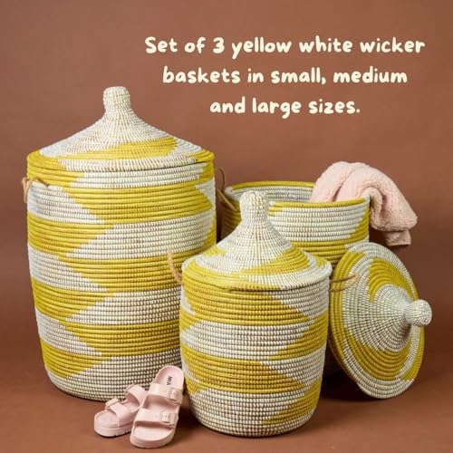 Small Yellow Basket - Organize Bedroom, Living Room, Nursery - Laundry Hamper, Toy Bin, Blanket Storage, Towels Holder - Decorative, Boho Style - Wicker, Woven, Lid, Handles - size: Small
