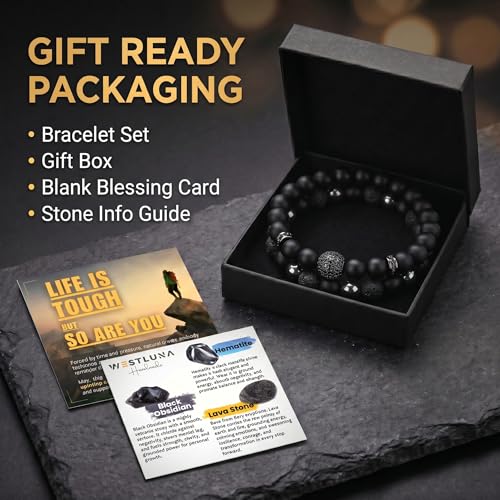 Men's Triple Protection Bracelet Set – Black Obsidian, Hematite & Lava Stone Beaded Bracelets with Cross for Strength & Grounding