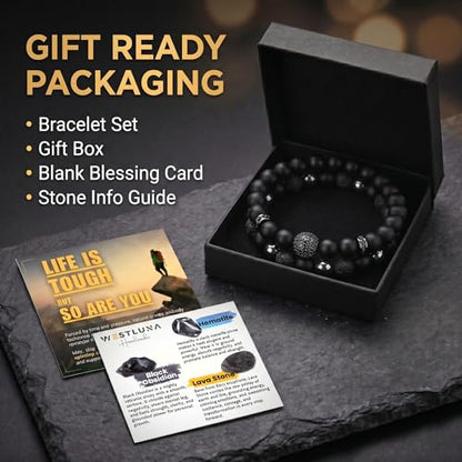 Men's Triple Protection Bracelet Set – Black Obsidian, Hematite & Lava Stone Beaded Bracelets with Cross for Strength & Grounding