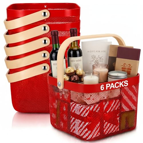 Roshtia Red Metal Wire Storage Basket with Wooden Handle, Decorative Gift Basket for Teacher Appreciation, Holiday Gifts, Kitchen Counter, Bathroom Organizer, Farmhouse Storage Bin 9.65 Inch - color: Red, size: 9.65 x 9.65 x 7.09 Inch