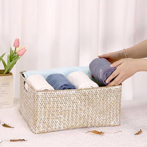 Hipiwe Seagrass Storage Basket Bin Rectangular Handwoven Wicker Storage Box with Handle Opened Baskets Box for Shelf Organizing Closet Bathroom, 15.7" L x 11.8" W x 7.5" H