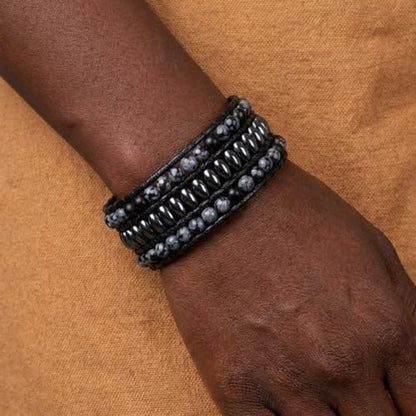 YGLINE Boho Handmade Natural Stone Bead 3 Row Wide Wrap Wrist Statment Bracelet Jewelry Collection - color: Black Mix