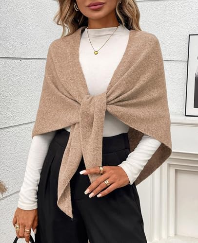 Womens Knitted Shawl Wraps Casual Solid Color Cape Scarf Comfortable Triangle Pashmina Shoulder Sweater - color: Camel
