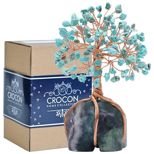 Crocon Howlite Green Turquoise Gemstone Money Tree with Fluorite Rough Wire Wrapped Base | Feng Shui Bonsai | Ornament Figurine | Chakra Balancing | Reiki Crystal Healing | Spiritual | Decor Size 5-6" - color: Ah Green Turquoise + Fluorite Base