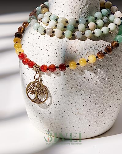 Bivei 7 Chakra 108 Mala Beads Bracelet Real Gemstone Yoga Meditation Hand Knotted Mala Prayer Bead Necklace - size: 8mm, style: Life Tree - 8mm Amazonite