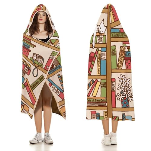Sleeping Cat Library Bookshelf Large Size Comfortable Hooded Blanket, Warm Blanket 40"x50" - color: Sleeping Cat Library Bookshelf, size: 40"x50"