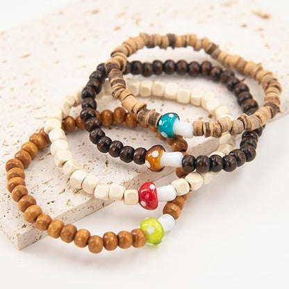 9 Piece Mushroom Wooden Beads Bracelets for Women Men Vintage Beaded Bracelet Wood Bangles Wristbands Commemorative Gift