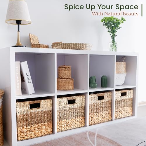 13x13x13 Storage Cube Bins Wicker Storage Basket for Cube Shelf, Natural Foldable Square Baskets for Storage, Large Woven Cube Storage Bin with Handle, Baskets for Pantry, Bedroom Set of 4
